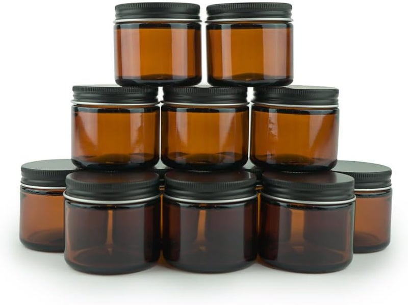 Nature Packaged Glass Amber 2oz Jar - 12 Packs, Empty Round Jars For Beauty Products, Lotion, and Powders - Black Lid - Small Candle Jars - Image 1
